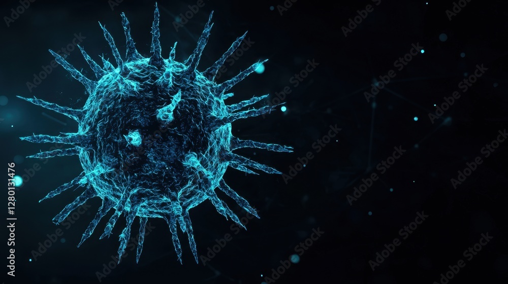 Poster microscopic view of a virus structure illuminated in bright blue colors representing biological proc