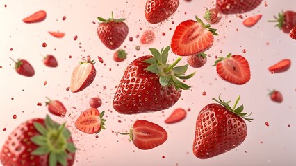 Strawberry Explosion: A dynamic shot capturing the juicy essence of fresh strawberries as they burst mid-air, with vibrant colors and textures that evoke a sense of freshness and indulgence.