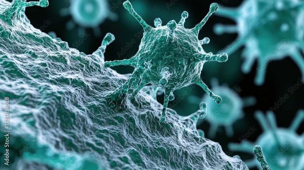 Poster detailed close-up view of virus particles on a surface with intricate structures showcasing biologic