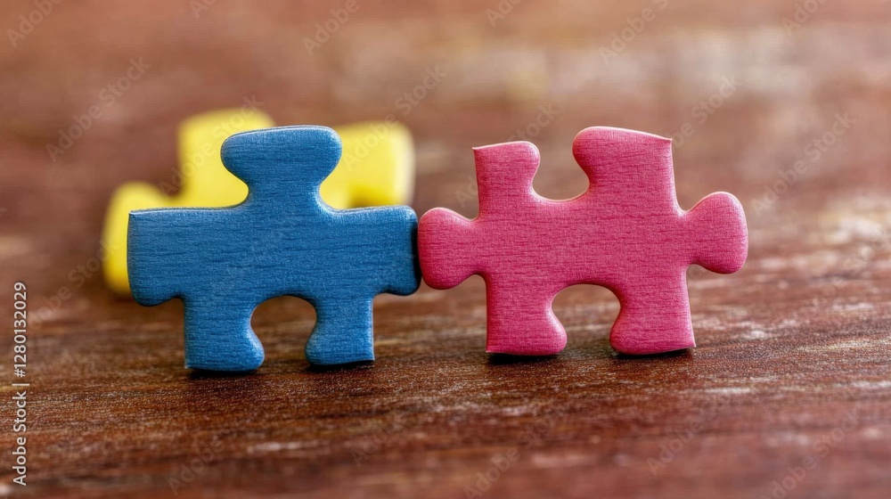 Poster close-up of colorful wooden puzzle pieces connecting on a rustic wooden surface, symbolizing unity