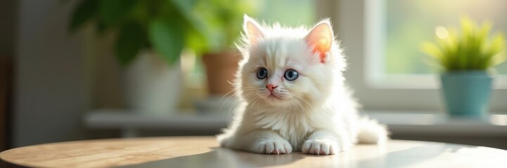 Fluffy white kitten, blue eyes, table, window view , fur, light, cat portrait