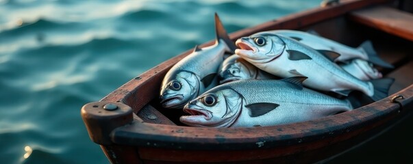 Fishing boat laden with silvery fish, glistening scales , haul, catch, fish