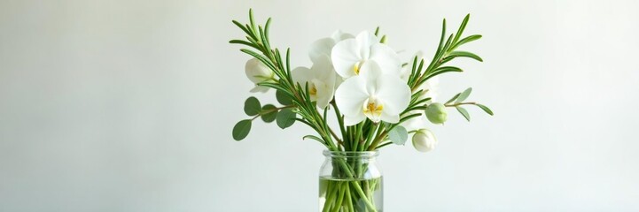 Fresh rosemary sprigs and white orchids in a glass vase with eucalyptus leaves, herb, arrangement, white