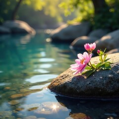 Delicate blossoms emerge from stones near sparkling water, warm sunlight , petals, water, vibrant