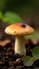 Fresh Shiitake mushroom cap with a small insect on its surface, mushroom, detail