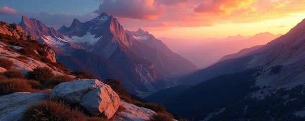 Golden hues upon rugged mountainsides softly fading into twilight colors, rock, sky, nature