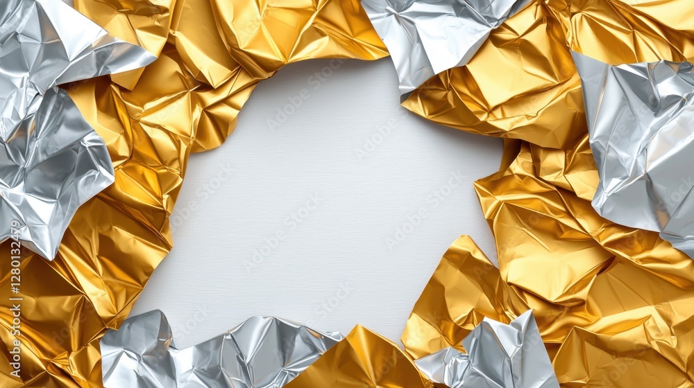 Poster shiny metallic foil wrinkled background with empty center space for text or design elements in golde