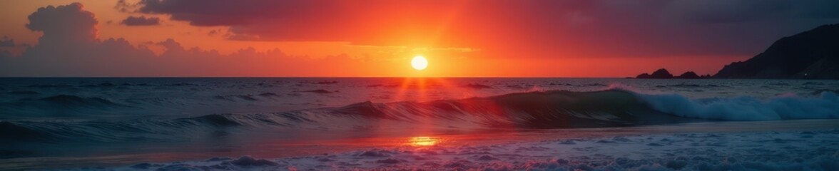 Orange sunset sky reflects on calm ocean waves, bonfire embers glow , relaxation, ocean, fire