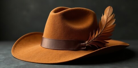 Luxurious brown wide-brim hat, exquisite feather detail , elegant, accessory