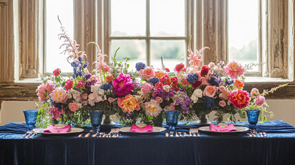 Fototapeta premium Elegant royal dining table adorned with luxurious floral arrangements for wedding or event, vintage tableware, and candles in a classic English countryside manor, creating a romantic and sophisticated