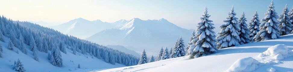 Spruce trees covered in snow create a serene and peaceful atmosphere on a mountain slope, landscape, tranquil, soothing