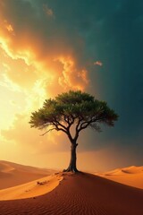 Solitary tree battling Sahara sandstorm Dramatic sky , sahara, wild