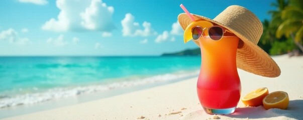 Straw hat, exotic cocktail, sunglasses on sandy beach , background, fun, paradise