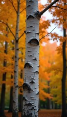 Trunk of silver birch tree against autumn sky, birch, fall, forest