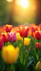 Sunlit meadow, vibrant tulips blooming in spring , holiday, pink, easter