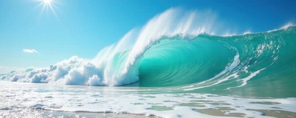 Towering wave crashes on sunny beach, white foam explodes , beach, turquoise