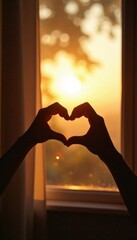 Tiny handmade heart silhouette cast on sunlit window , red, bright, february