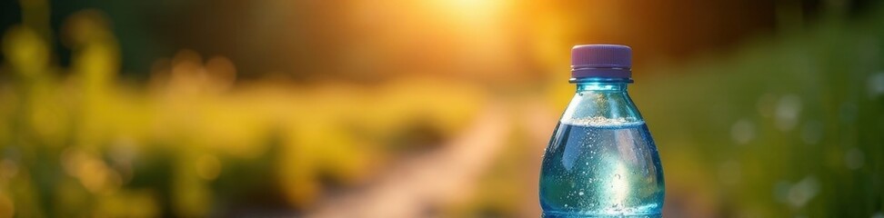 Water bottle with condensation, sunlit trail background, thirst-quenching scene, outdoor, journey