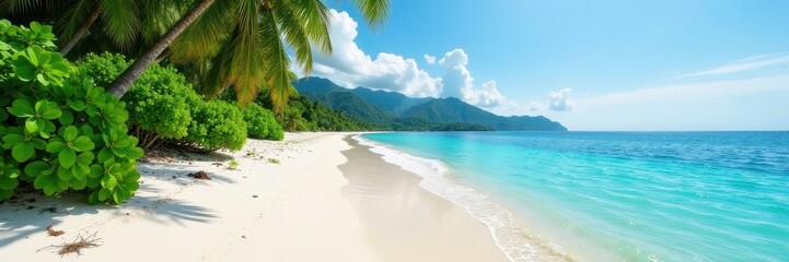 White sand beach fringed by vibrant green foliage, distant mountains , day, coastal