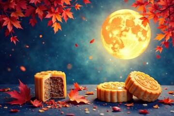 Watercolor mooncakes, autumn leaves, full moon , delicious, image, element