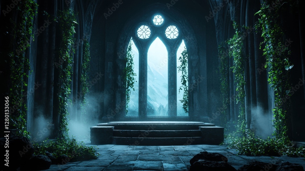 Poster enchanted abandoned temple with lush vines, ethereal mist and glowing light filtering through staine