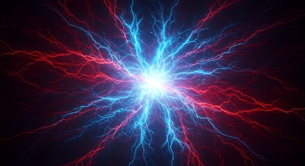 Vibrant abstract energy streams of red, orange, and blue radiate from a central bright point, creating a dynamic design against a dark backdrop.