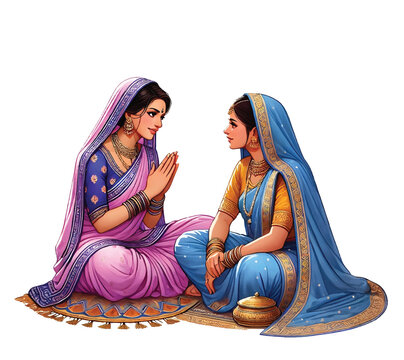 Indian women sitting in saree and talking illustration 