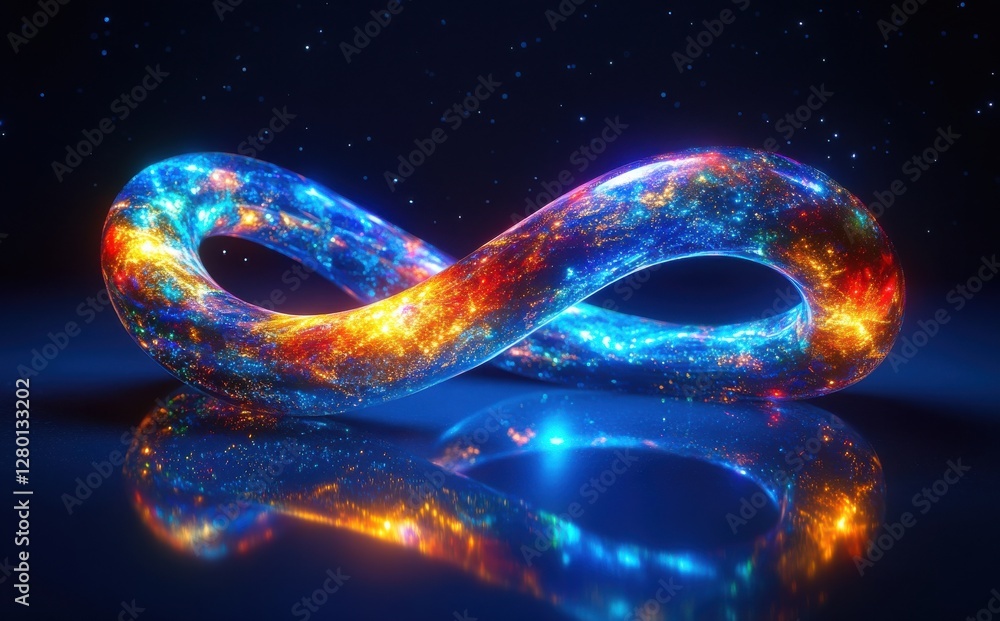 Poster Colorful and Shimmering Infinite Loop Design with Cosmic Elements in a Dark Starry Space Background