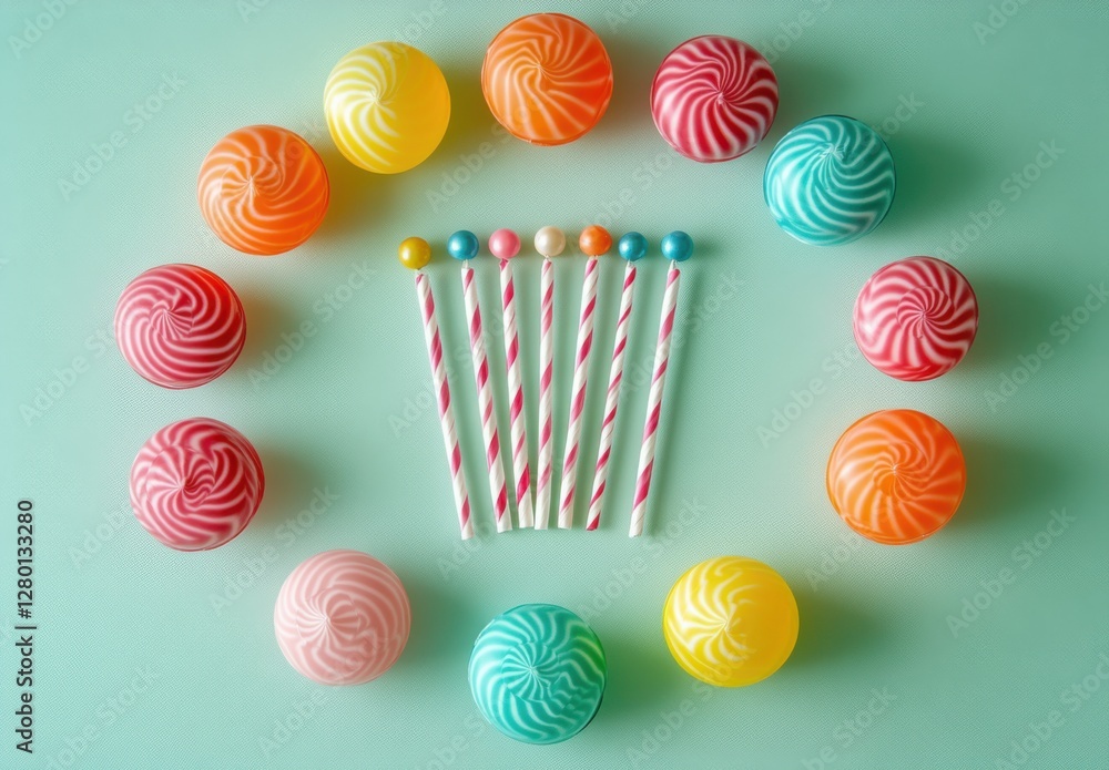 Poster colorful assortment of swirled candy lollipops and hard candies arranged in a circular pattern on a 