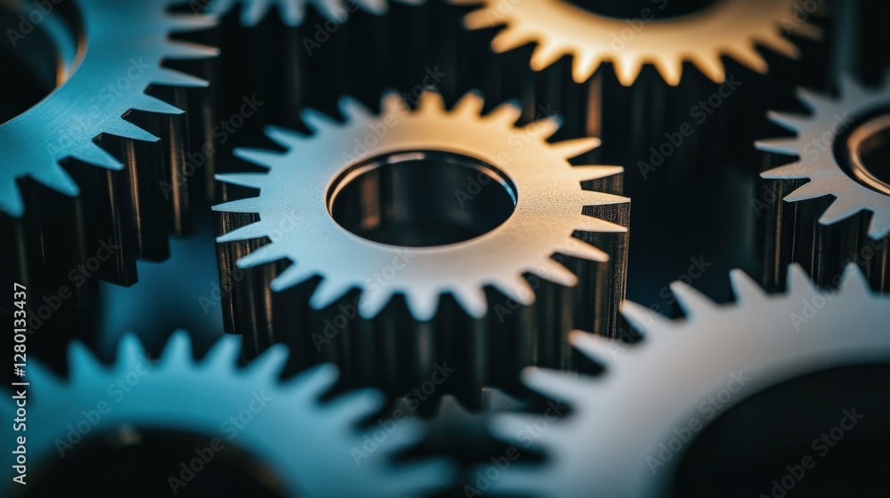 Poster close-up of interlocking metallic gears showcasing intricate design and engineering brilliance