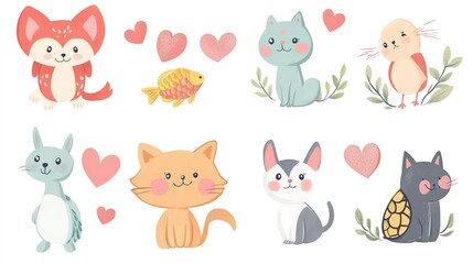 Sweet pet animal cat dog bunny with love heart, Valentine’s Day collection, isolated on white.