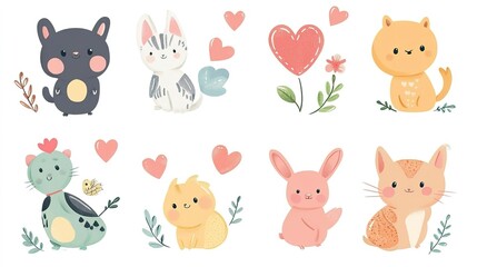 Cute pet animal cat dog  kitten with a red heart, Valentine’s Day clipart, isolated on white.  