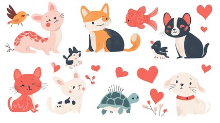 Romanticpet animal cat dog  with heart, Valentine&rsquo;s Day sticker, isolated on white background.