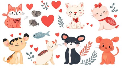 Valentine’s Day pet animal cat dog  bunny with heart, cute pet clipart, isolated on white background.  