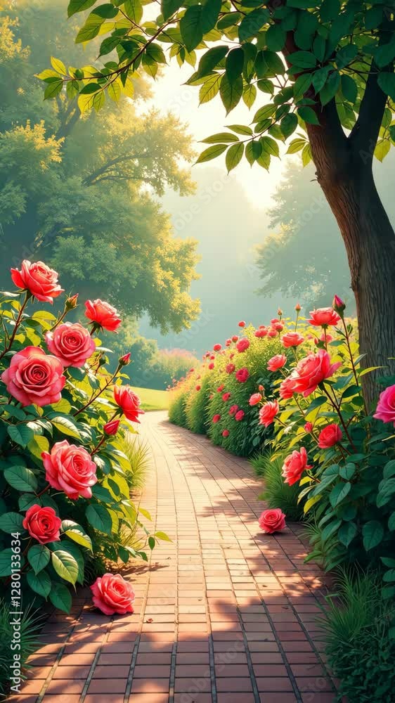 Poster A path with a brick walkway and a row of red roses. The roses are in full bloom and are scattered throughout the path