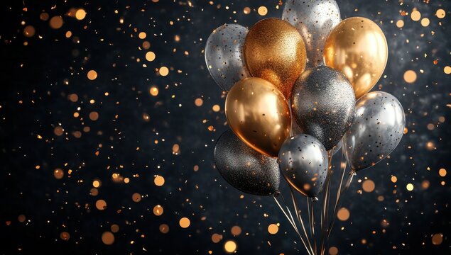 Colorful balloons in gold, silver, and black with sparkling confetti against a dark background for celebration and festive events