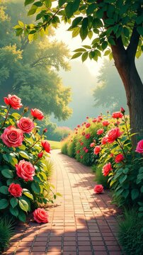 A path with a brick walkway and a row of red roses. The roses are in full bloom and are scattered throughout the path