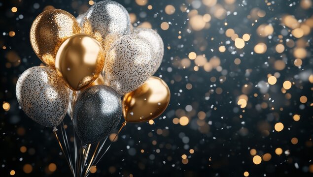 Colorful balloons in gold, silver, and sparkling patterns against a festive background with blurred bokeh lights creating a celebratory atmosphere