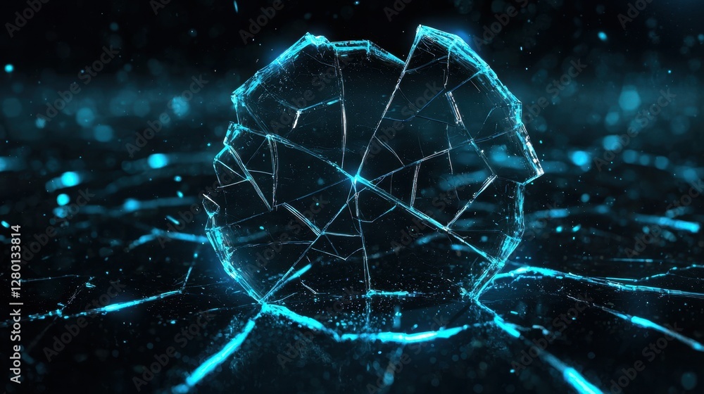 Poster abstract shattered crystal ball glowing in blue neon light surrounded by cracked surface, creating a