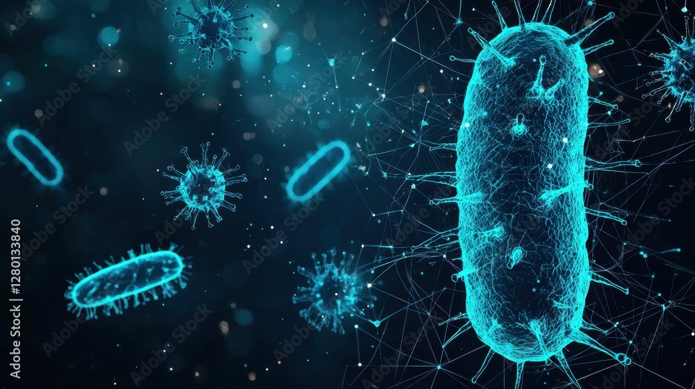 Poster blue abstract representation of bacteria in a microscopic world showcasing intricate details of micr