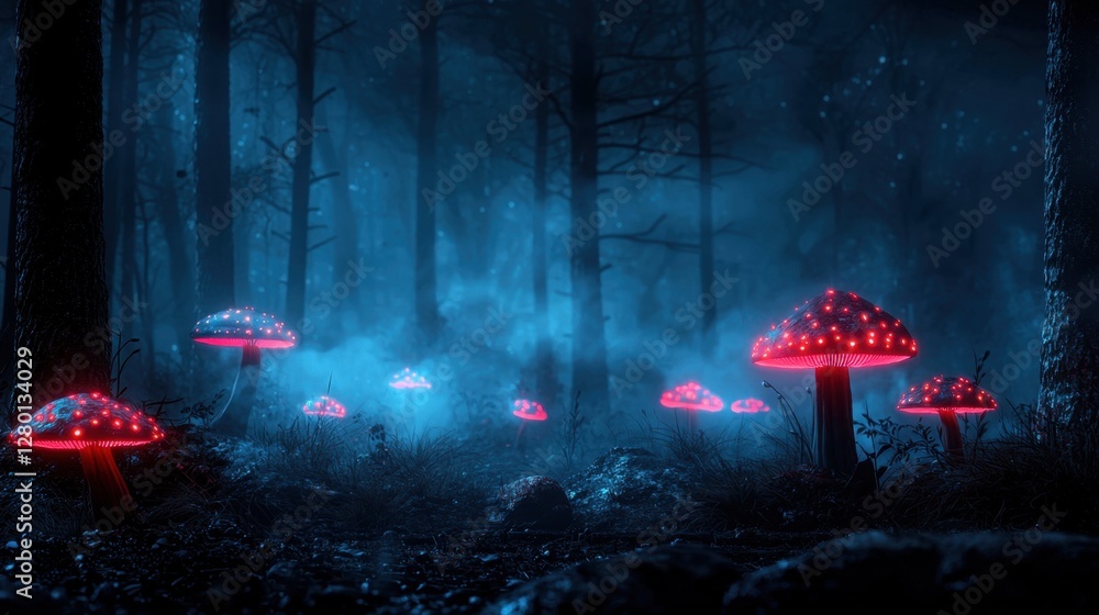 Poster enchanted forest with luminous red mushrooms illuminated by mystical light amidst dark trees and eth