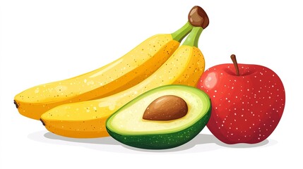 Flat-style fresh fruit set with banana, orange, watermelon, and apple. isolated on white background 