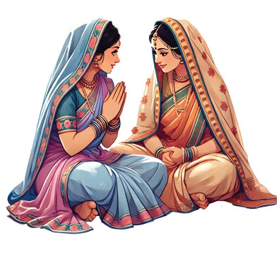 Indian women sitting in saree and talking  illustration