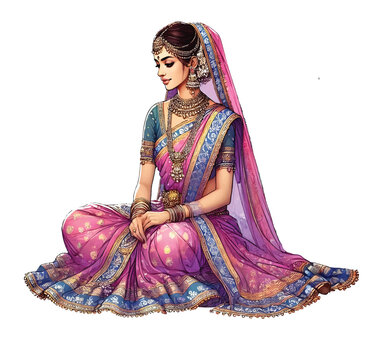 Indian woman sitting in saree illustration