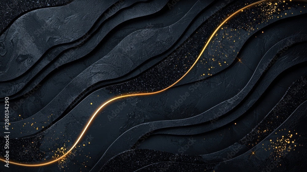 Poster abstract dark background with flowing wavy lines and golden sparkles creating a luxurious and elegan
