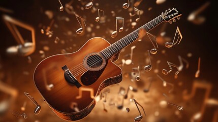 Naklejka premium Acoustic guitar dissolving into floating musical notes, set against a rich brown backdrop. 