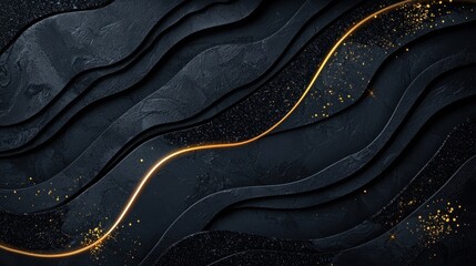 Abstract dark background with flowing wavy lines and golden sparkles creating a luxurious and elegant texture, perfect for modern design projects and art