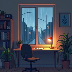 Fototapeta premium Cozy Home Office Desk with Window View of Rainy City Street at Night