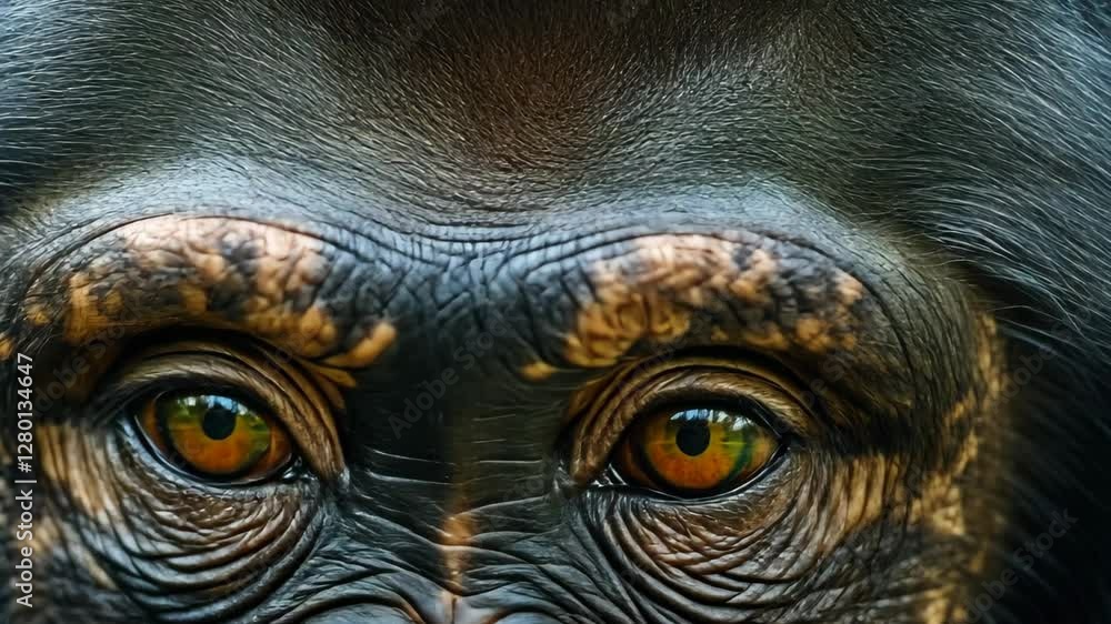 Poster closeup of chimpanzee face with abstract overlay showcasing unique facial features and expressions, 