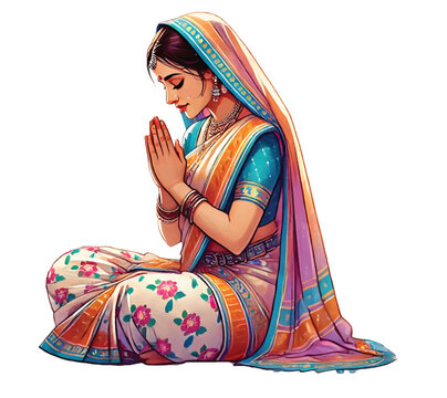 Indian woman sitting in saree doing prayer illustration